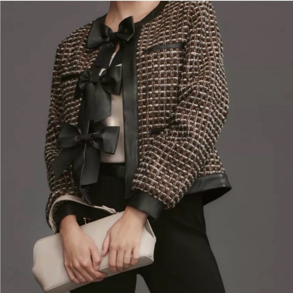 Anthropologie Bow Faux Leather-Trimmed Tweed Lady Jacket- medium - Picture 4 of 11